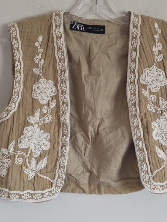 ZARA | floral embroidered waistcoat gilet vest cotton sz S - Picture 3 of 6